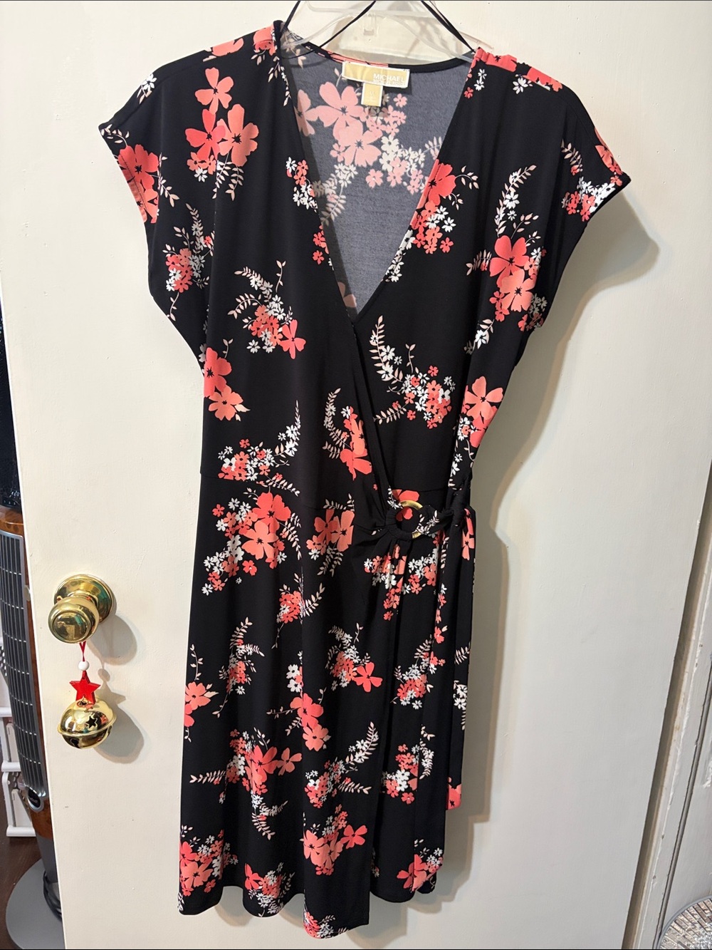 MICHAEL Michael Kors Black Midi Wrap Dress with Coral and White Floral Print